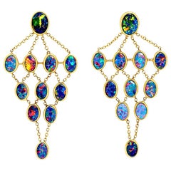 Australian Opal Doublets Chandelier Earrings in 18 Karat Yellow Gold