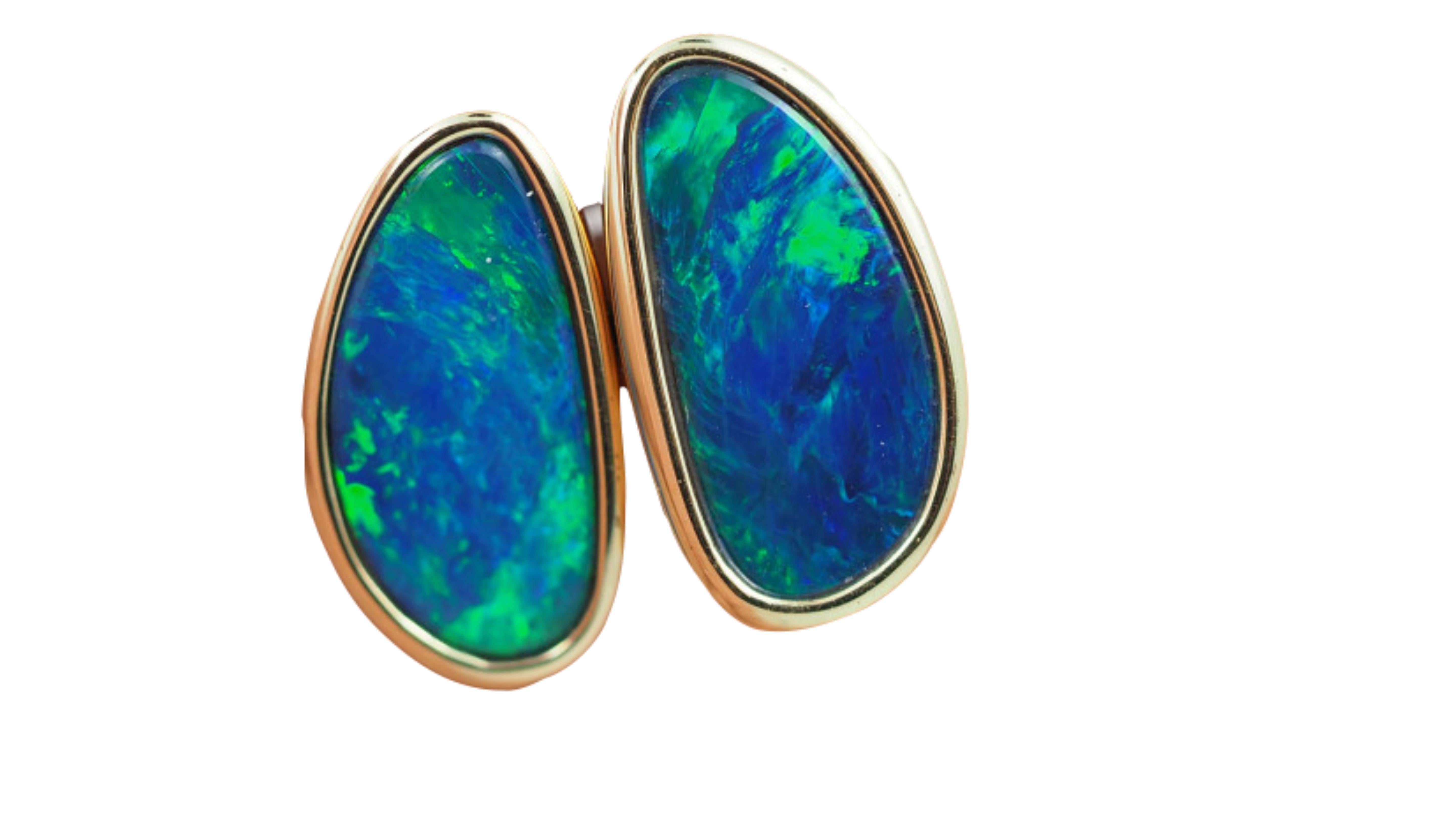 Contemporary Australian Opal Earrings 14 Karat Yellow Gold For Sale
