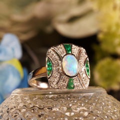 Australian Opal Emerald Diamond Art Deco Style Cushion Shape Ring in White Gold