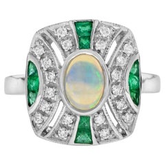 Australian Opal Emerald Diamond Art Deco Style Cushion Shape Ring in White Gold