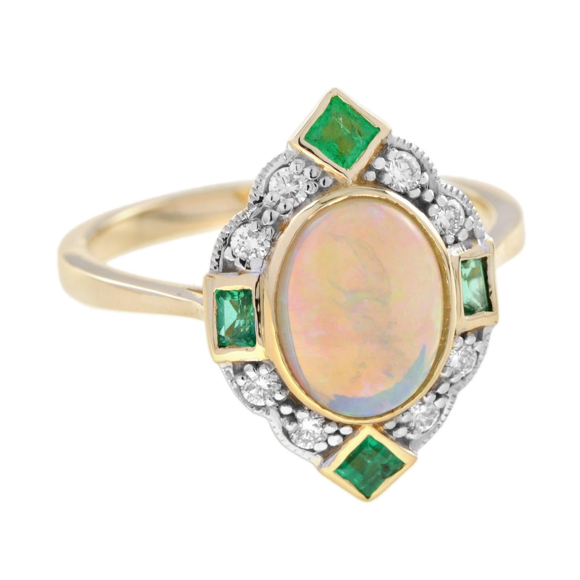 Oval Cut Australian Opal Emerald Diamond Art Deco Style Halo Ring in 14K Yellow Gold