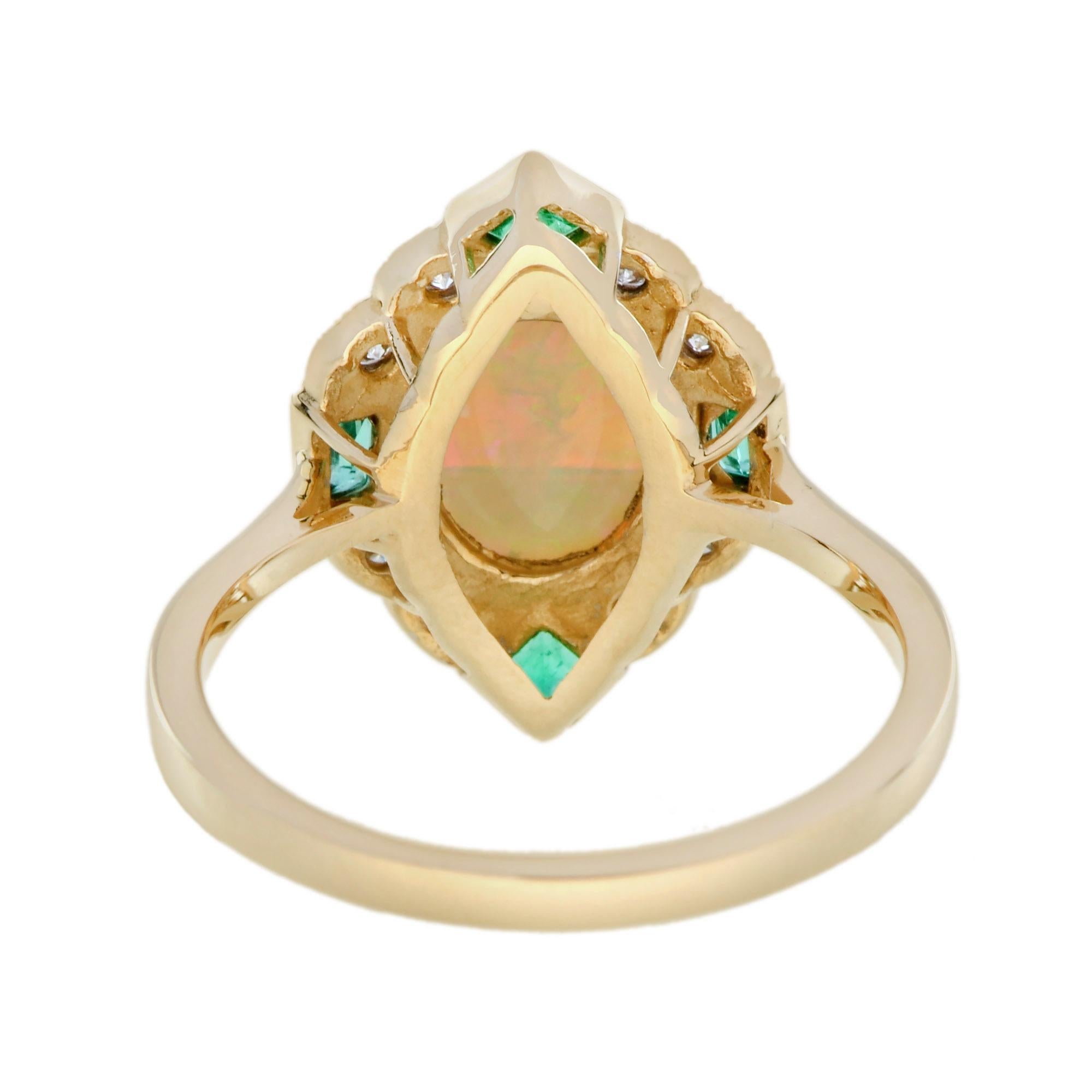 Women's Australian Opal Emerald Diamond Art Deco Style Halo Ring in 14K Yellow Gold
