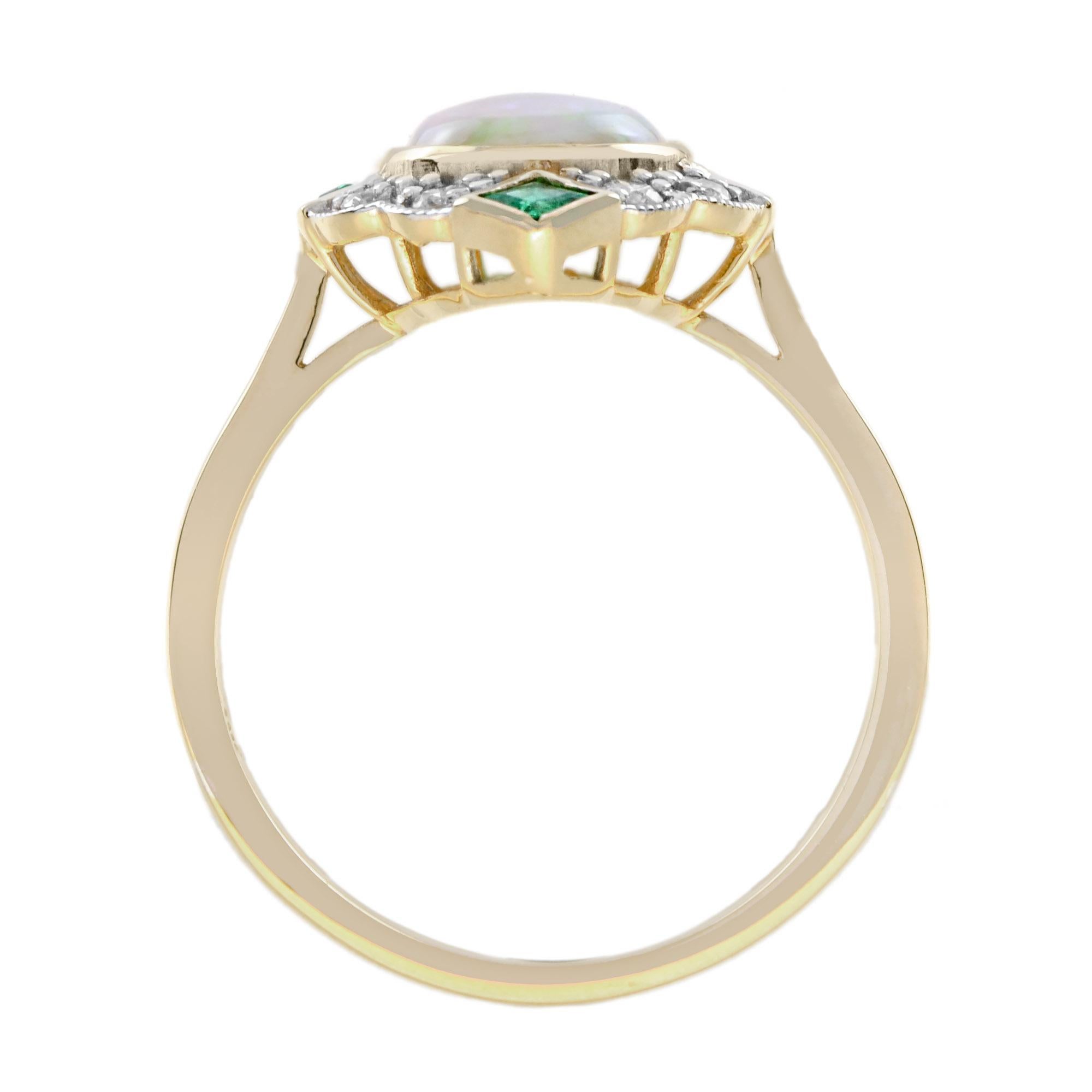 Australian Opal Emerald Diamond Art Deco Style Halo Ring in 14K Yellow Gold 1