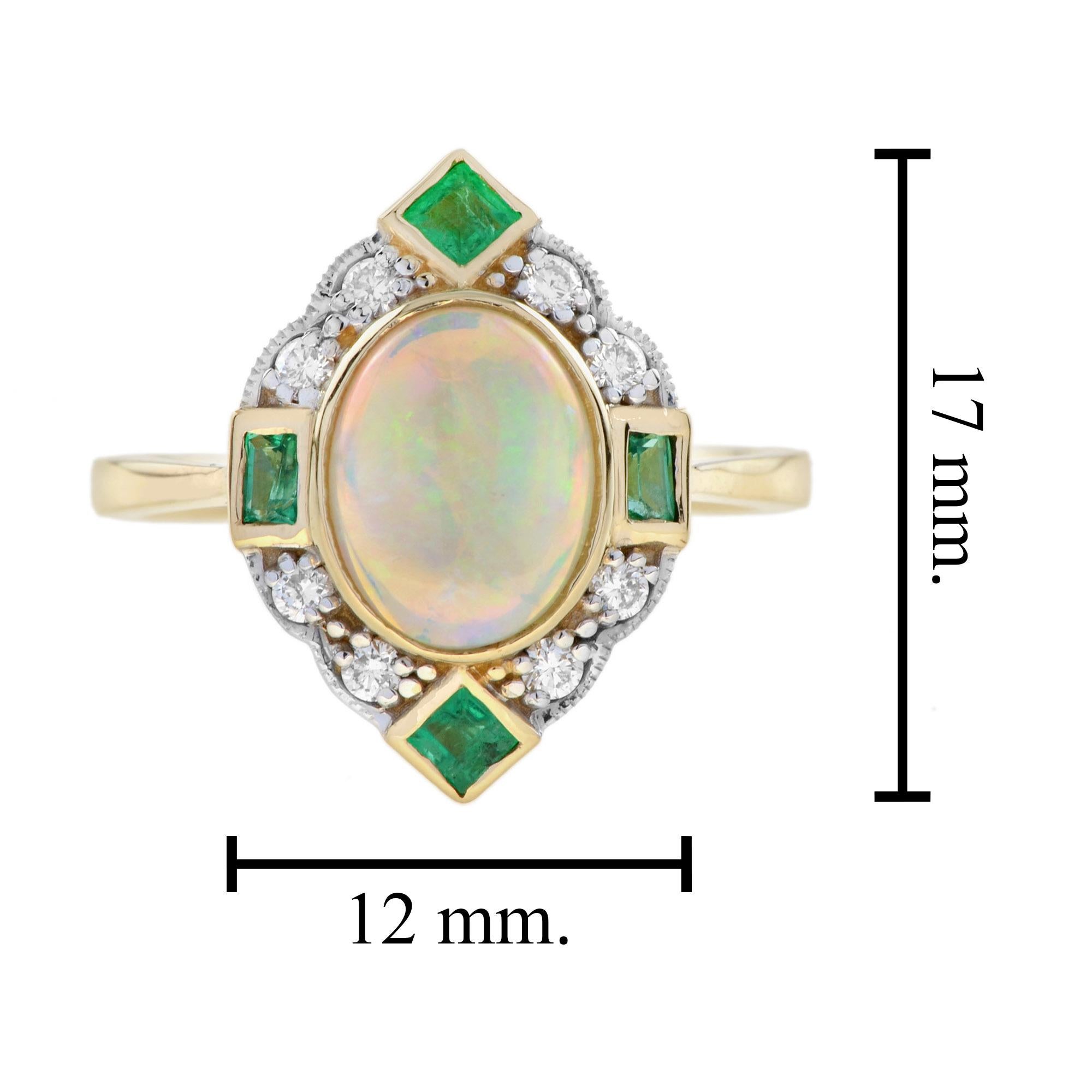 Australian Opal Emerald Diamond Art Deco Style Halo Ring in 14K Yellow Gold 2