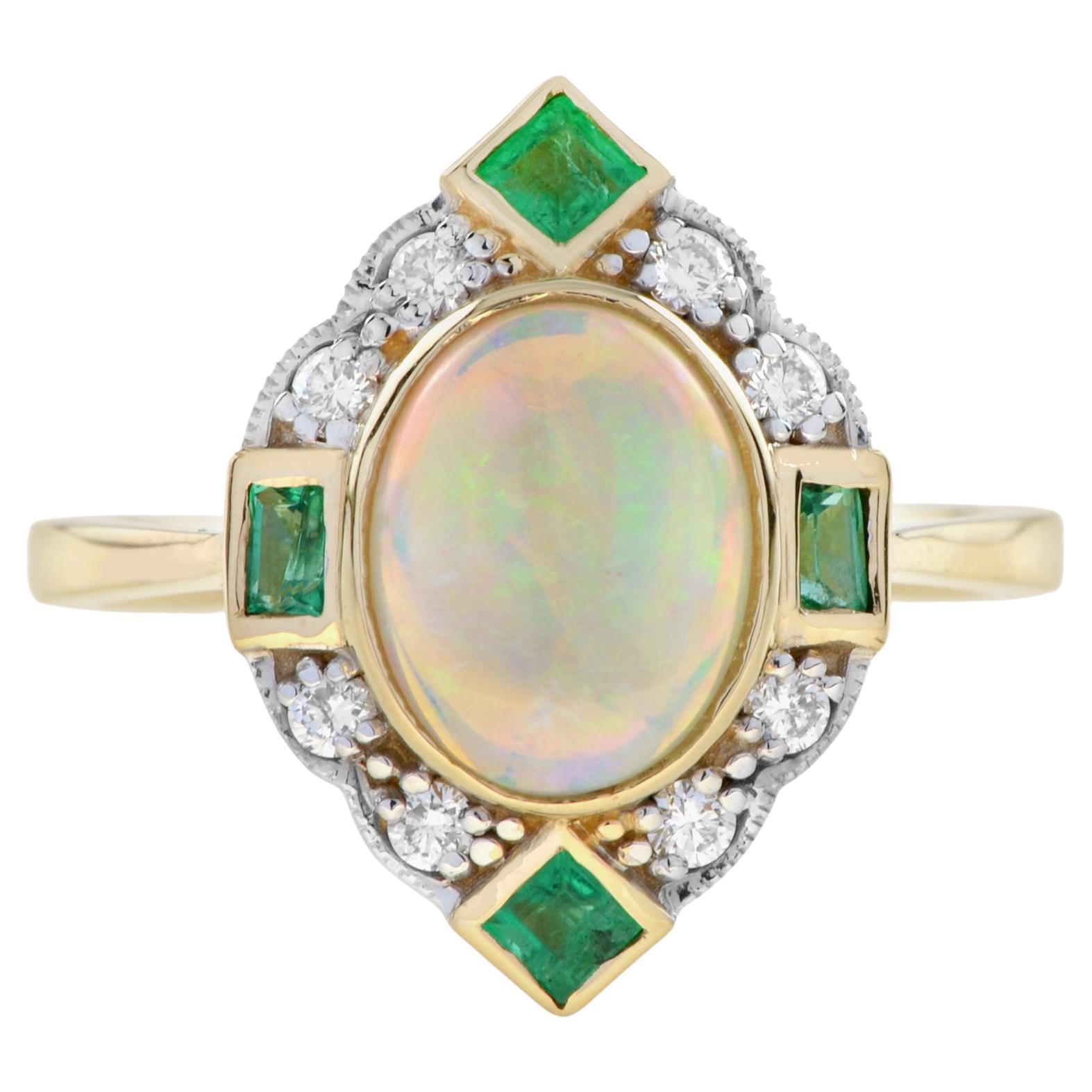 Australian Opal Emerald Diamond Art Deco Style Halo Ring in 14K Yellow Gold