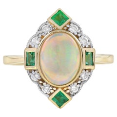 Australian Opal Emerald Diamond Art Deco Style Halo Ring in 14K Yellow Gold
