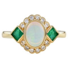 Australian Opal Emerald Diamond Three Stone Ring in 14K Yellow Gold