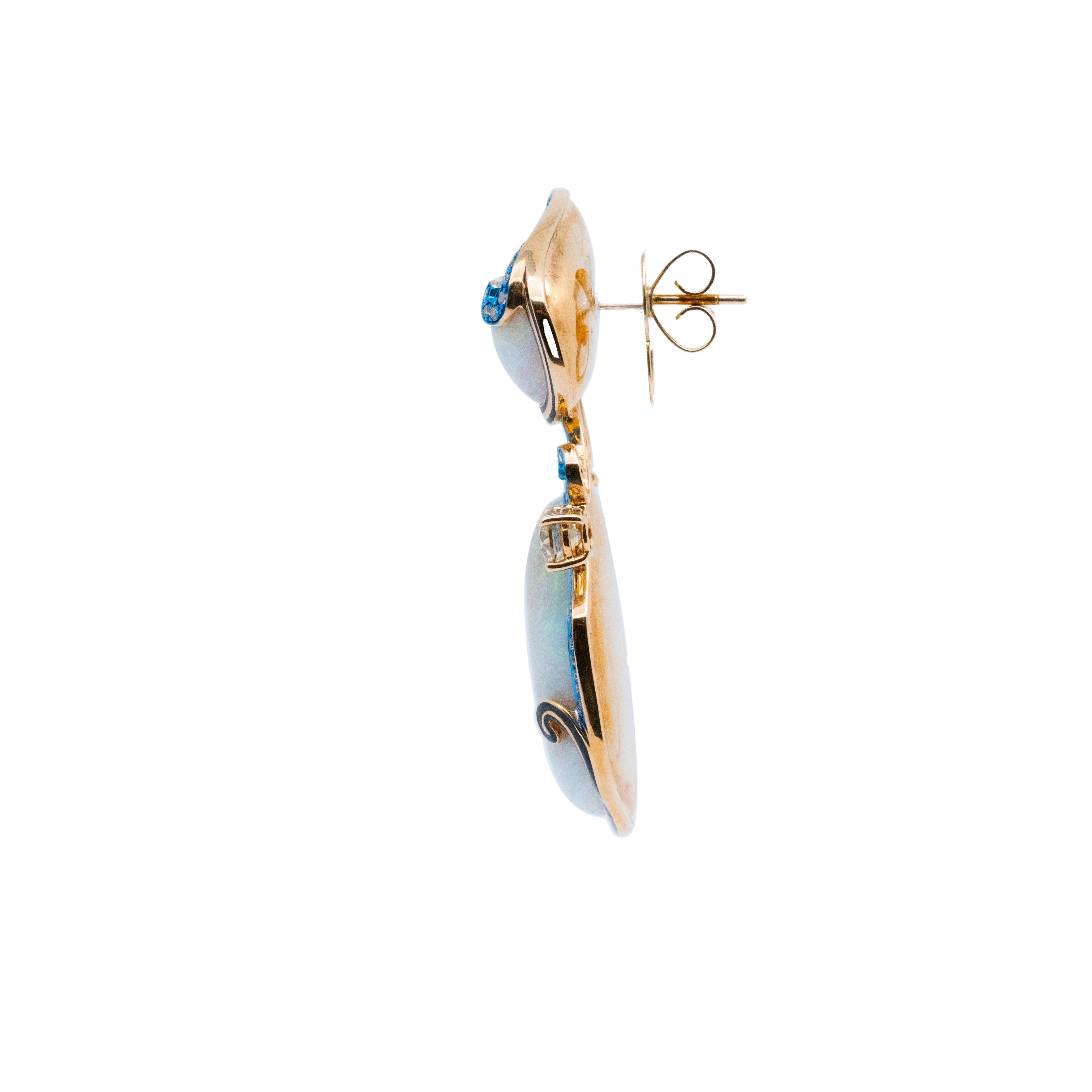 Modern Australian Opal & Fancy Color Diamond Earrings, 18K Gold, Austy Lee For Sale