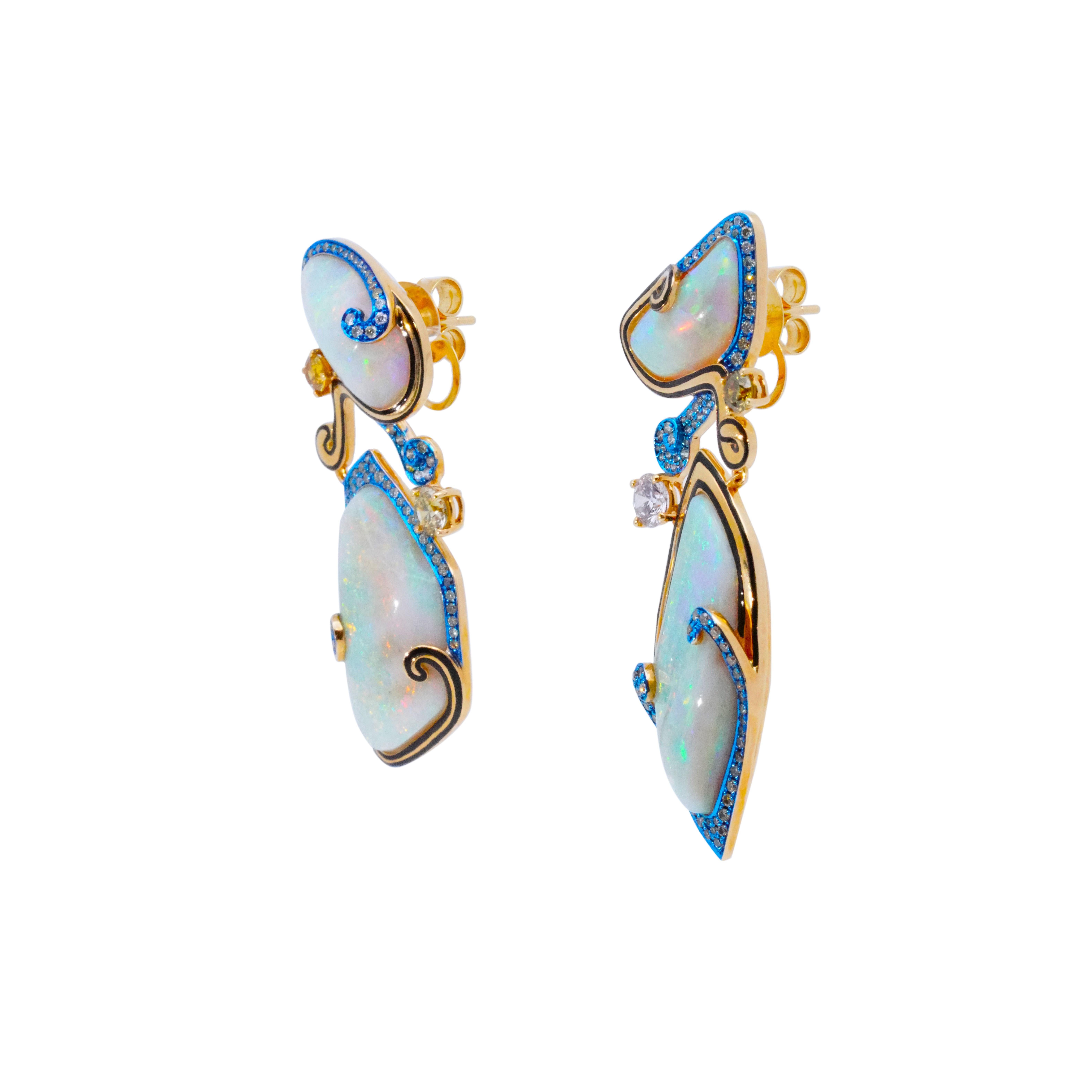 Australian Opal & Fancy Color Diamond Earrings, 18K Gold, Austy Lee In New Condition For Sale In Hong Kong, HK
