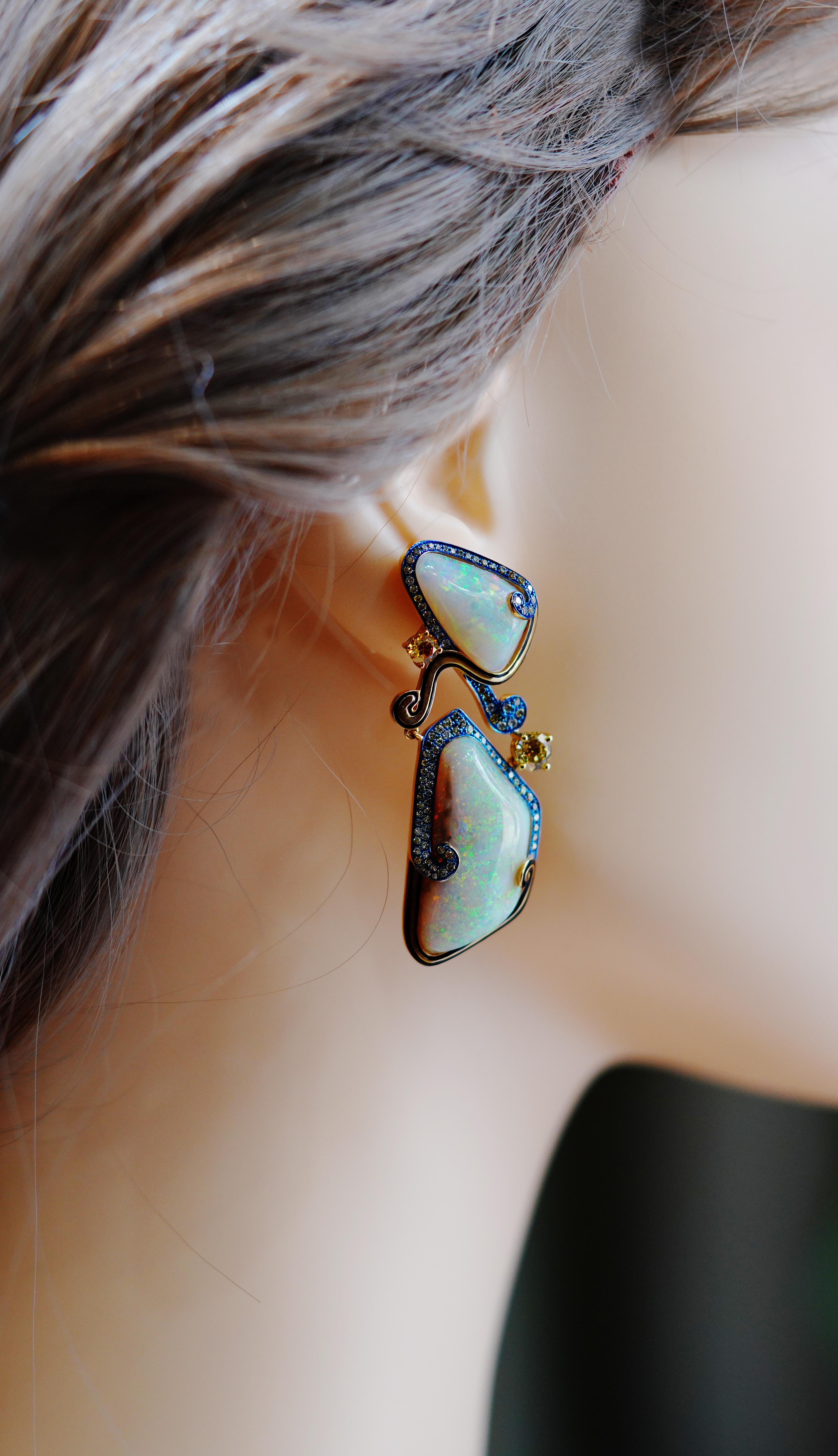 Women's or Men's Australian Opal & Fancy Color Diamond Earrings, 18K Gold, Austy Lee For Sale