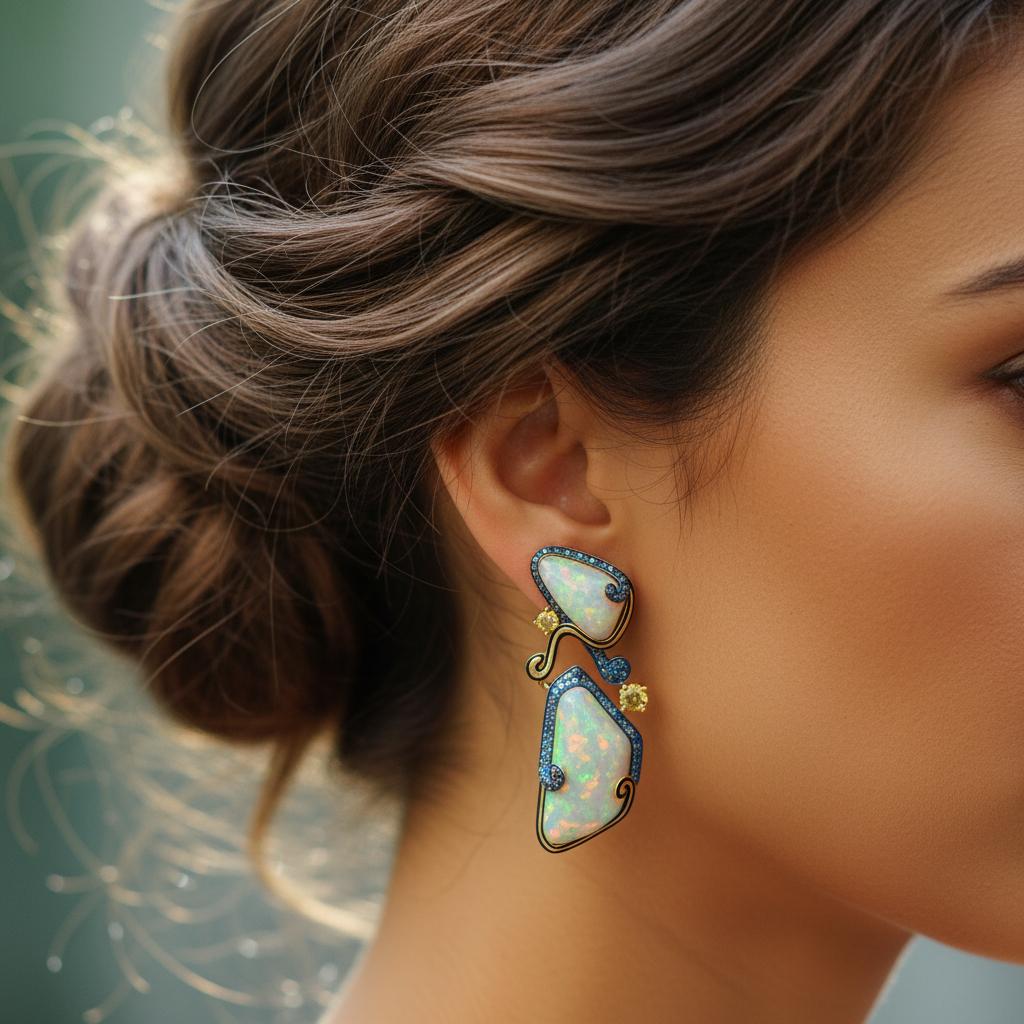 Australische Opal- und ausgefallene Farbdiamant-Ohrringe, 18K Gold, Austy Lee für Damen oder Herren im Angebot