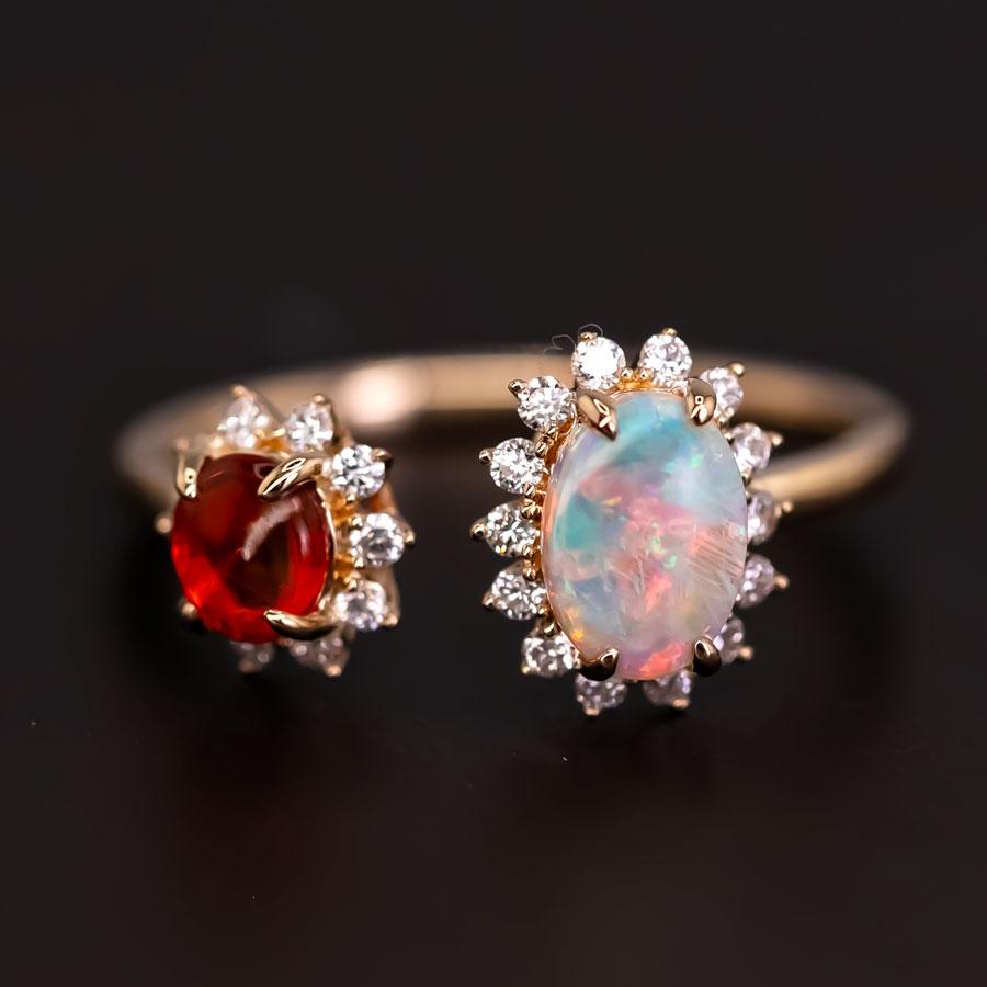 Australian Opal & Fire Opal Halo Diamond Engagement Ring 18K Yellow Gold.



Design Idea:
I have a great passion for both Australian opal and Mexican fire opal. It's truly exciting to combine them in one design! This ring features Australian opal