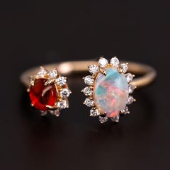 Solid Opal & Fire Opal Halo Diamond Engagement Ring 18K Yellow Gold