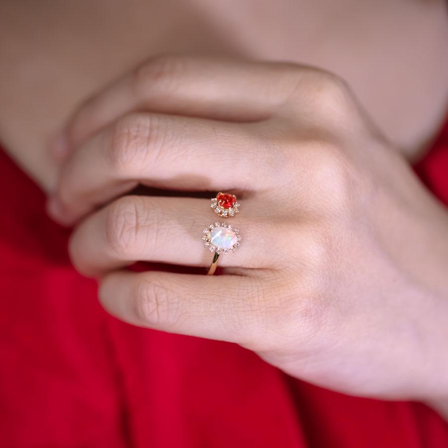 Arts and Crafts Australian Opal & Fire Opal Halo Diamond Engagement Ring 18K Gold in vendita