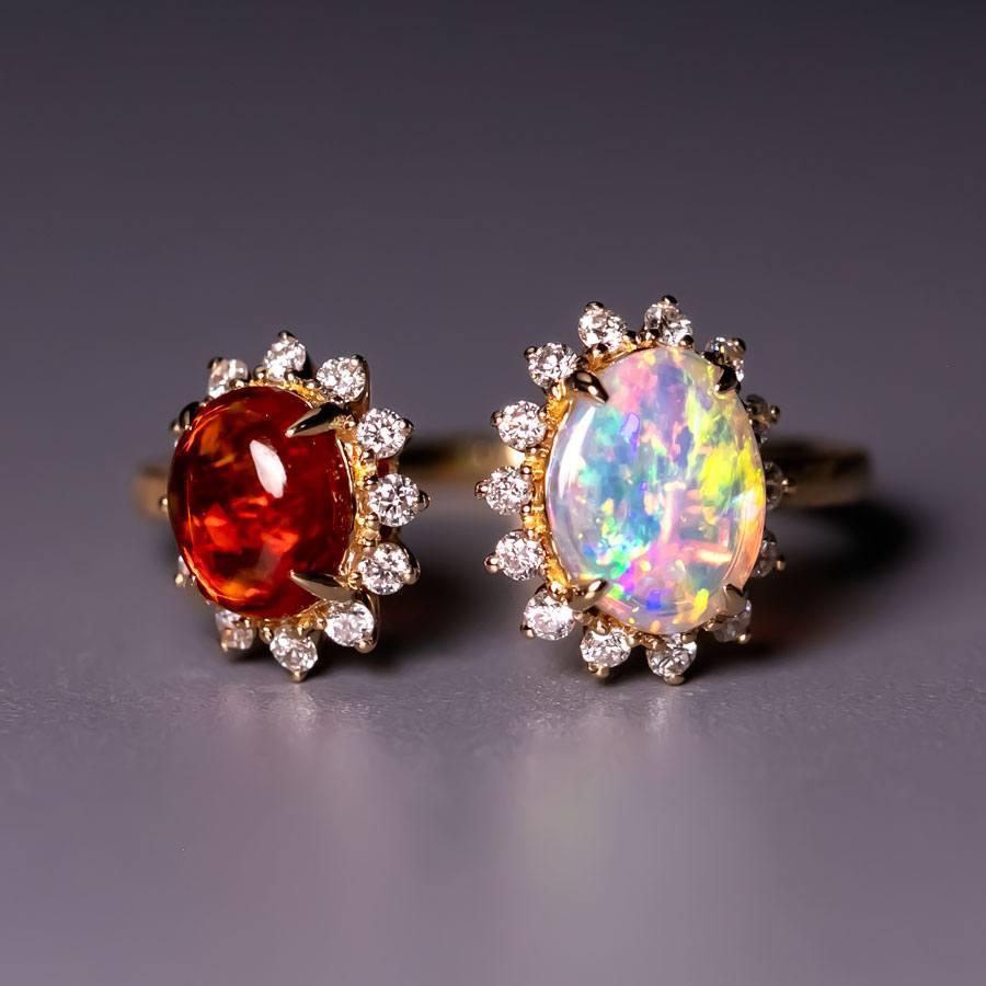 Solid Opal & Fire Opal Halo Diamond Engagement Ring 18K Yellow Gold en venta 2