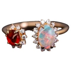 Australian Opal & Fire Opal Halo Diamond Engagement Ring 18K Gold