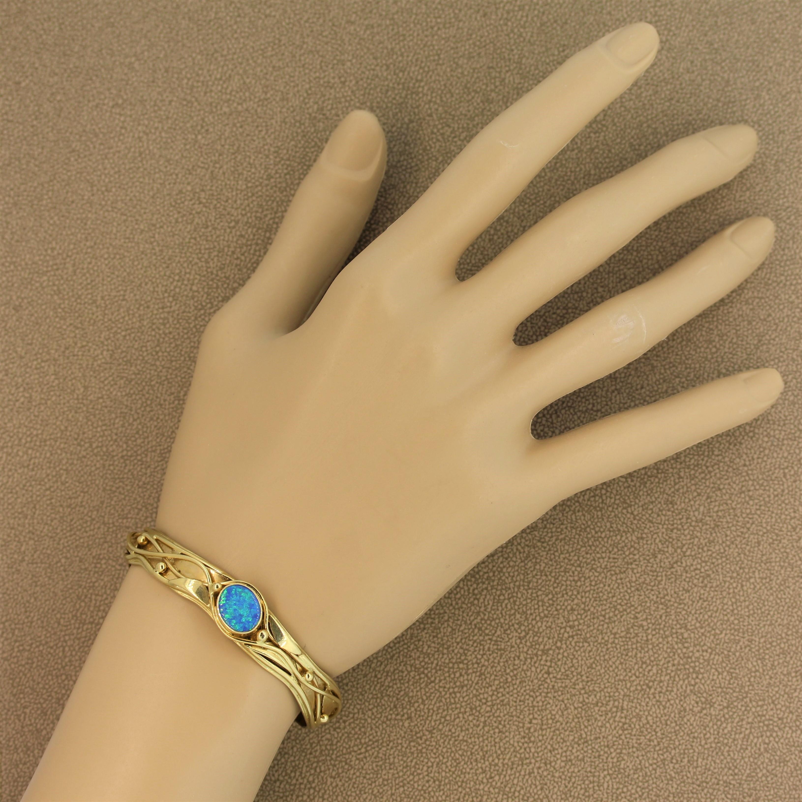 Women's Australian Opal Gold Cuff Bracelet For Sale