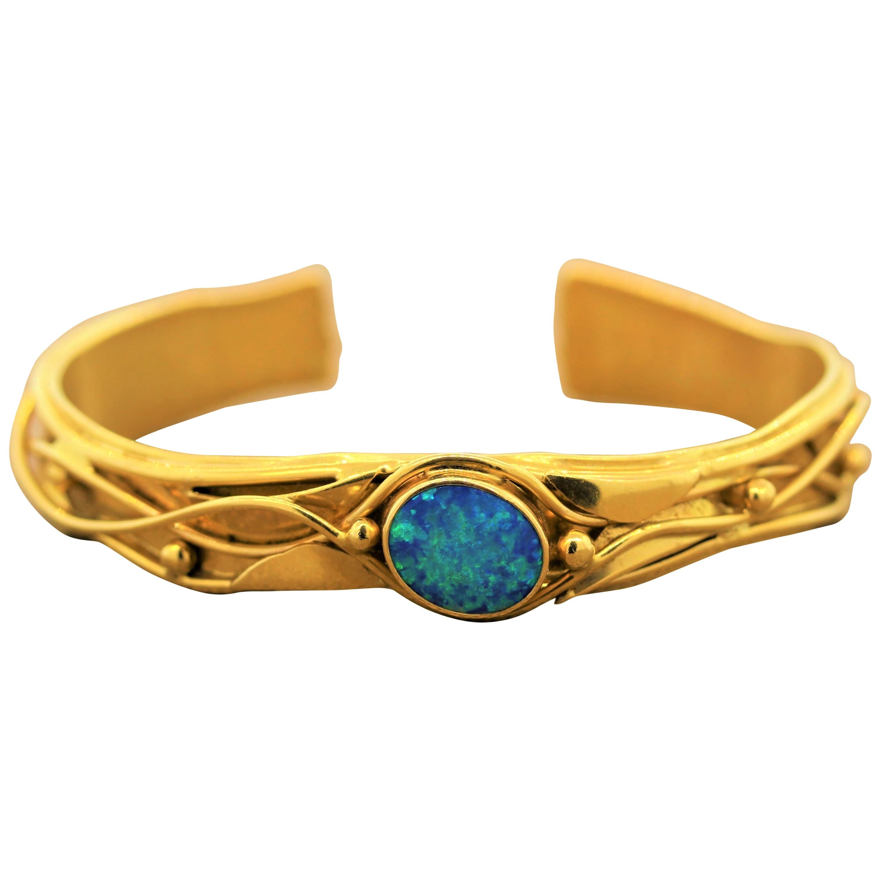 Australian Opal Gold Cuff Bracelet For Sale