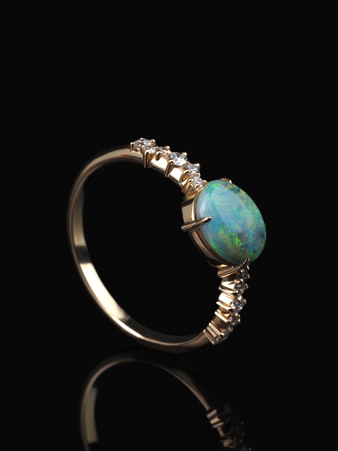 Taille cabochon Australian Opal Gold Ring Diamonds Multicolor Сhanel Style Engagement Ring en vente