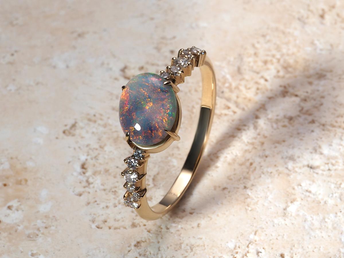 Cabochon Australian Opal Gold Ring Diamonds Multicolor Сhanel Style Engagement Ring For Sale