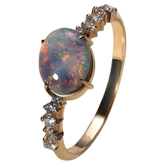 Australian Opal Gold Ring Diamonds Multicolor Сhanel Style Engagement Ring
