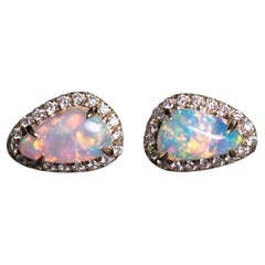 Australian Opal & Halo Diamond Stud Earrings 14k Yellow Gold