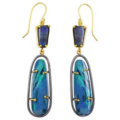 Australian Opal Hand-Forged Oxidized Silver and 22 Karat Gold Dangle Earrings