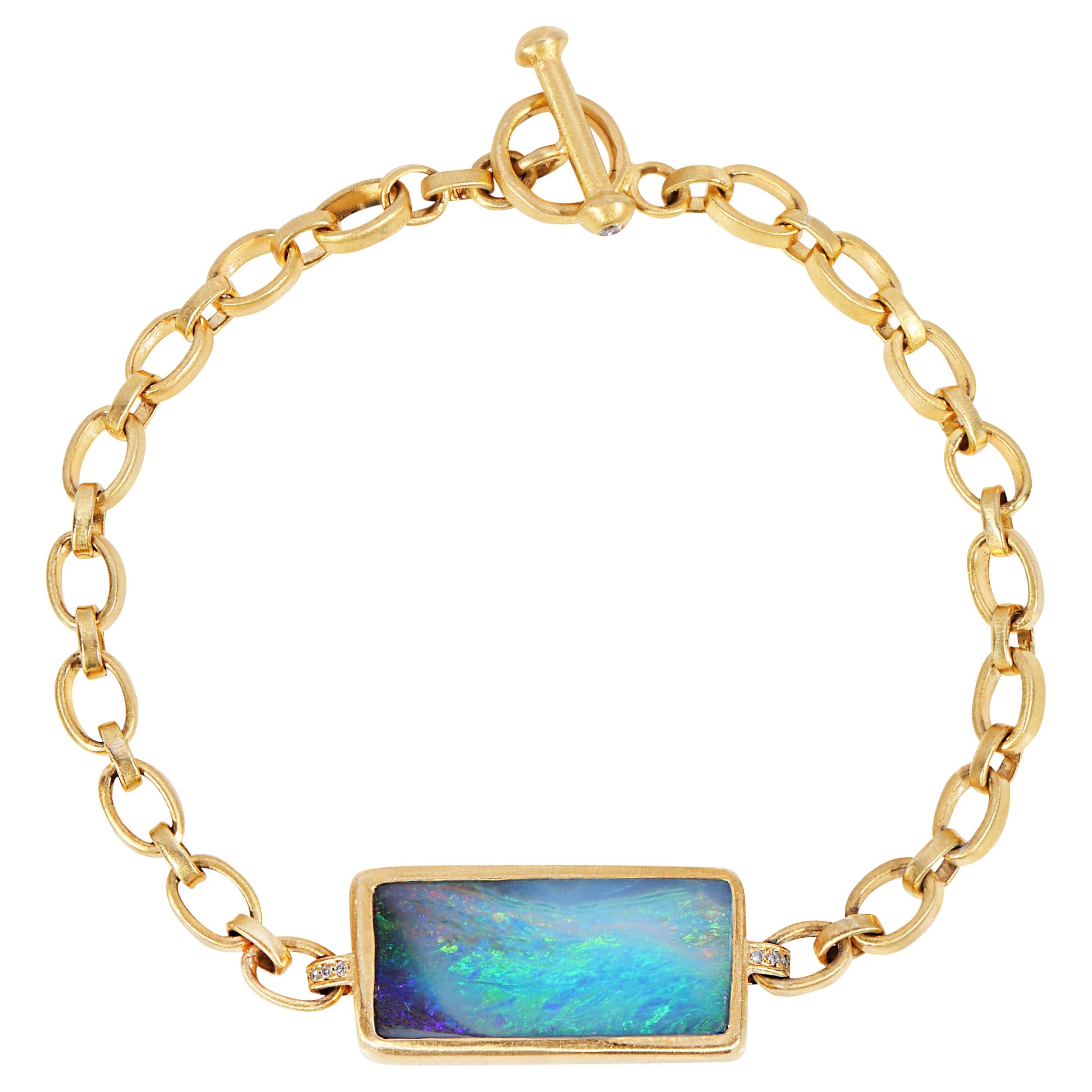 Australian Opal Handmade 18k Yellow Gold Chain Link Bracelet with Toggle Clasp