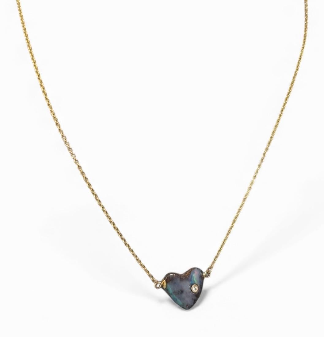 Women's or Men's Australian Opal Heart Necklace with Diamond & 14k Gold For Sale