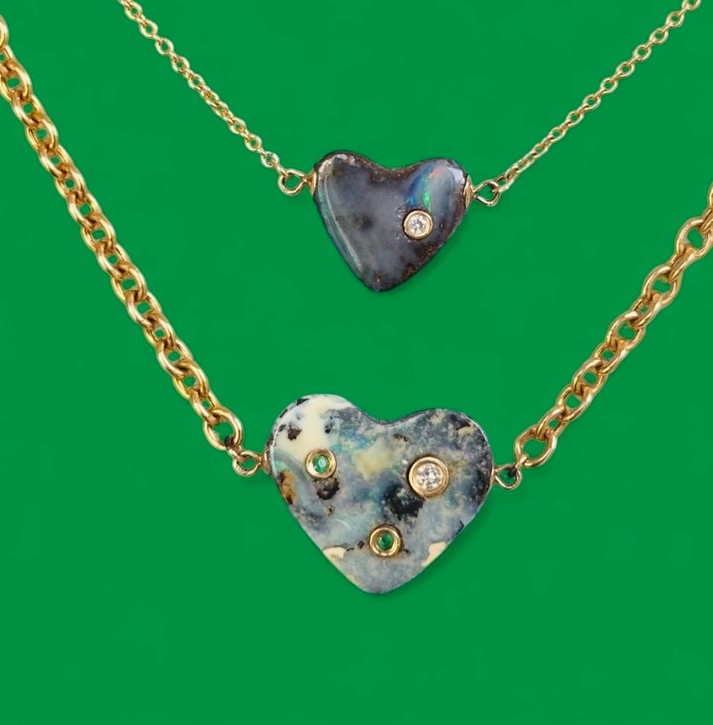 Australian Opal Heart Necklace with Diamond & 14k Gold For Sale 2
