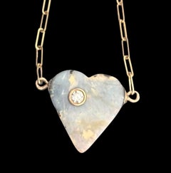 Australischer Opal Herz-Halskette mit Diamant und 14k Gold Büroklammerkette