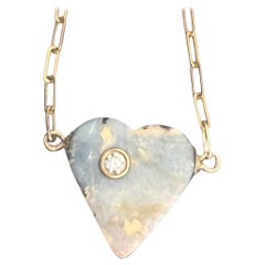 Australischer Opal Herz-Halskette mit Diamant und 14k Gold Büroklammerkette