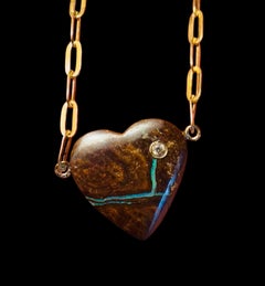 Australian Opal Heart Pendant with Diamond on 14k Gold Paperclip Chain