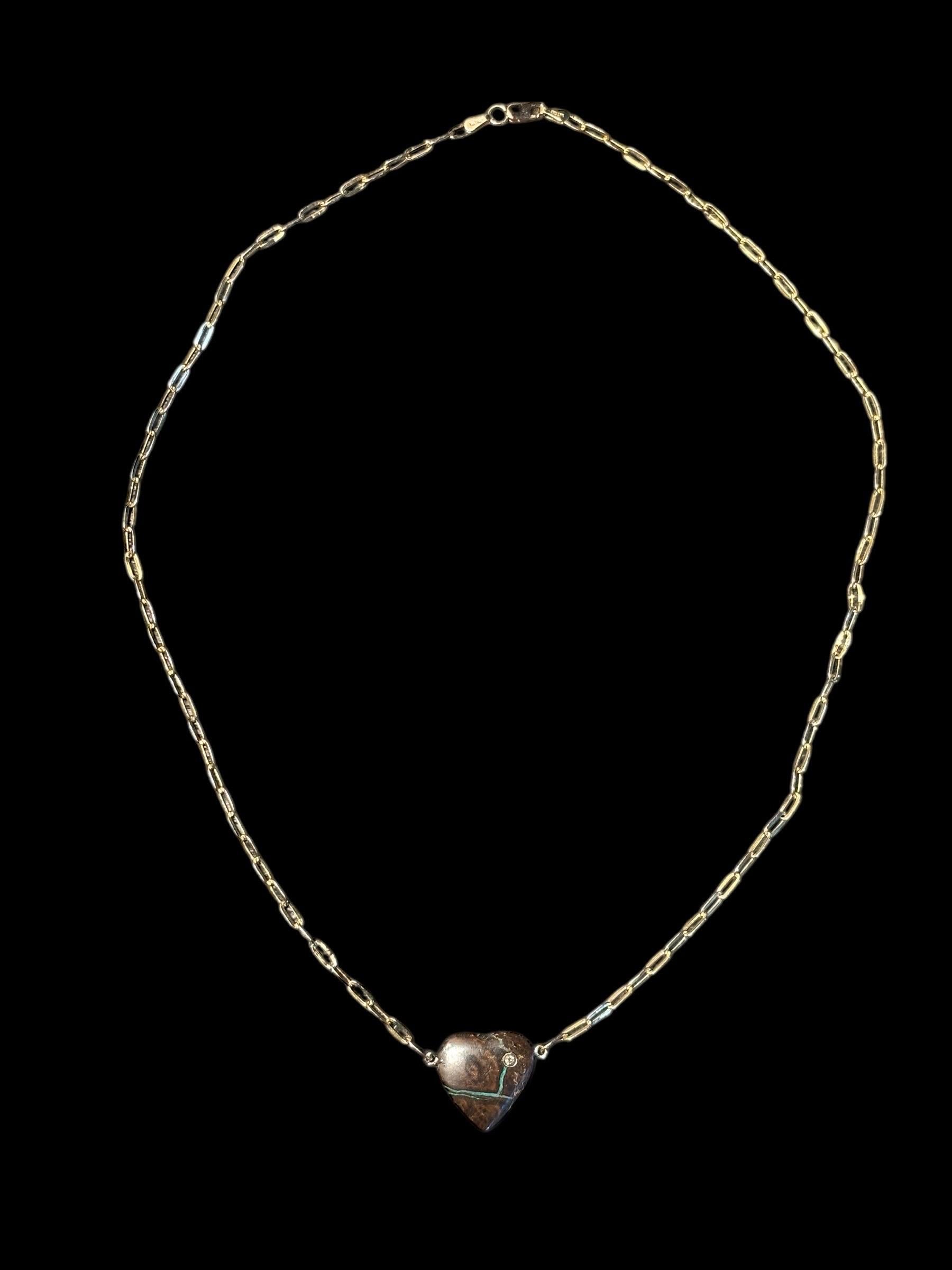 Mixed Cut Australian Opal Heart Pendant with Diamond on 14k Gold Paperclip Chain For Sale