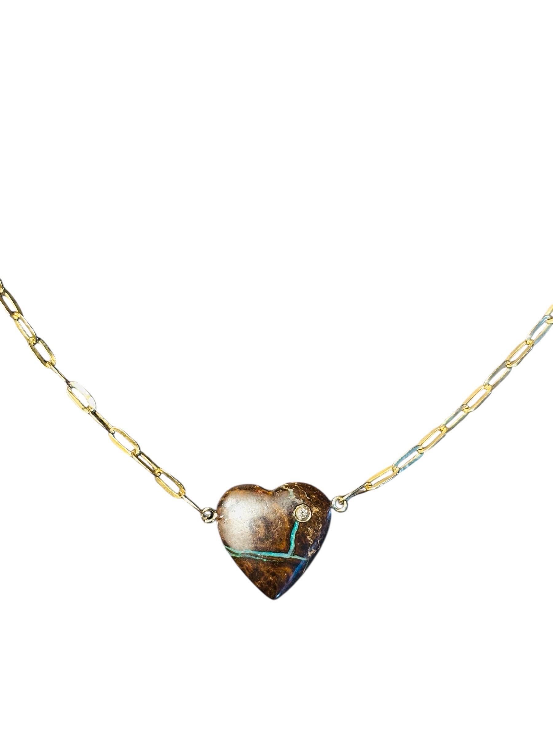 Australian Opal Heart Pendant with Diamond on 14k Gold Paperclip Chain In New Condition For Sale In New York, NY