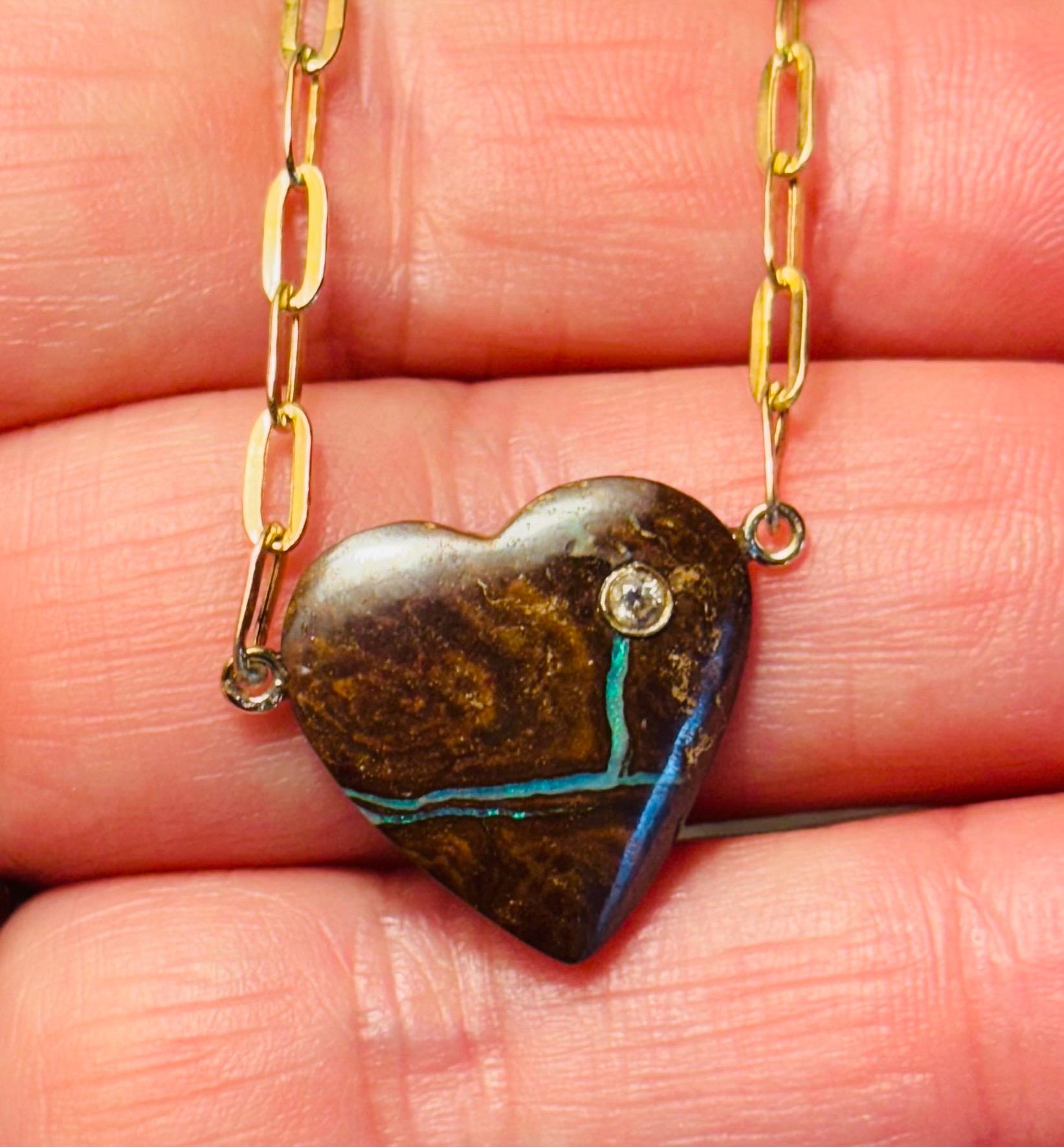 Women's or Men's Australian Opal Heart Pendant with Diamond on 14k Gold Paperclip Chain For Sale