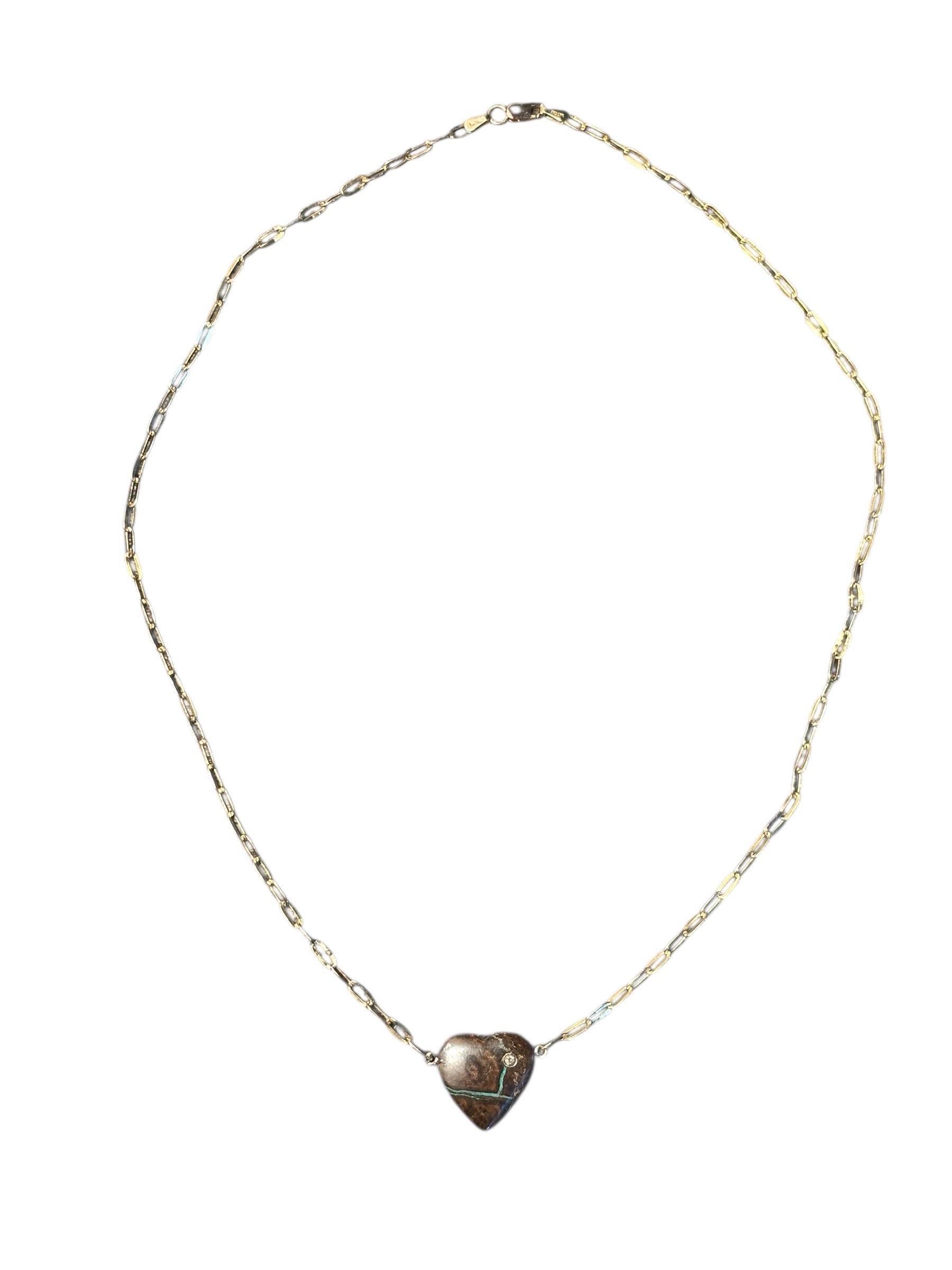 Australian Opal Heart Pendant with Diamond on 14k Gold Paperclip Chain For Sale 3