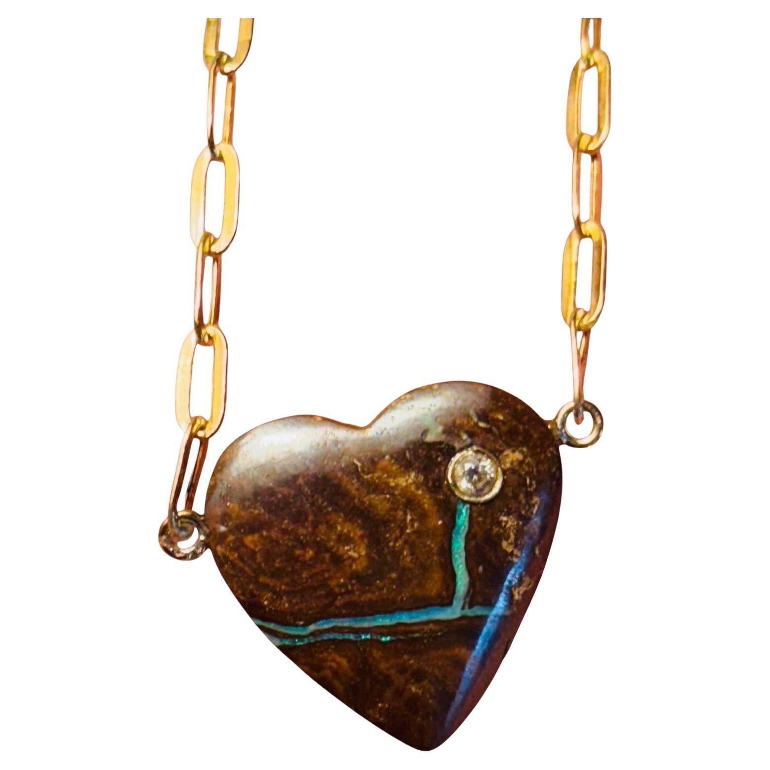 Australian Opal Heart Pendant with Diamond on 14k Gold Paperclip Chain