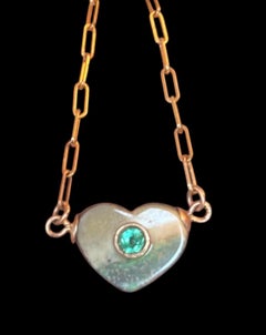 Australian Opal Heart Necklace with Emerald, 14k Gold Paperclip Chain