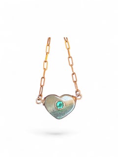 Australian Opal Heart Necklace with Emerald, 14k Gold Paperclip Chain