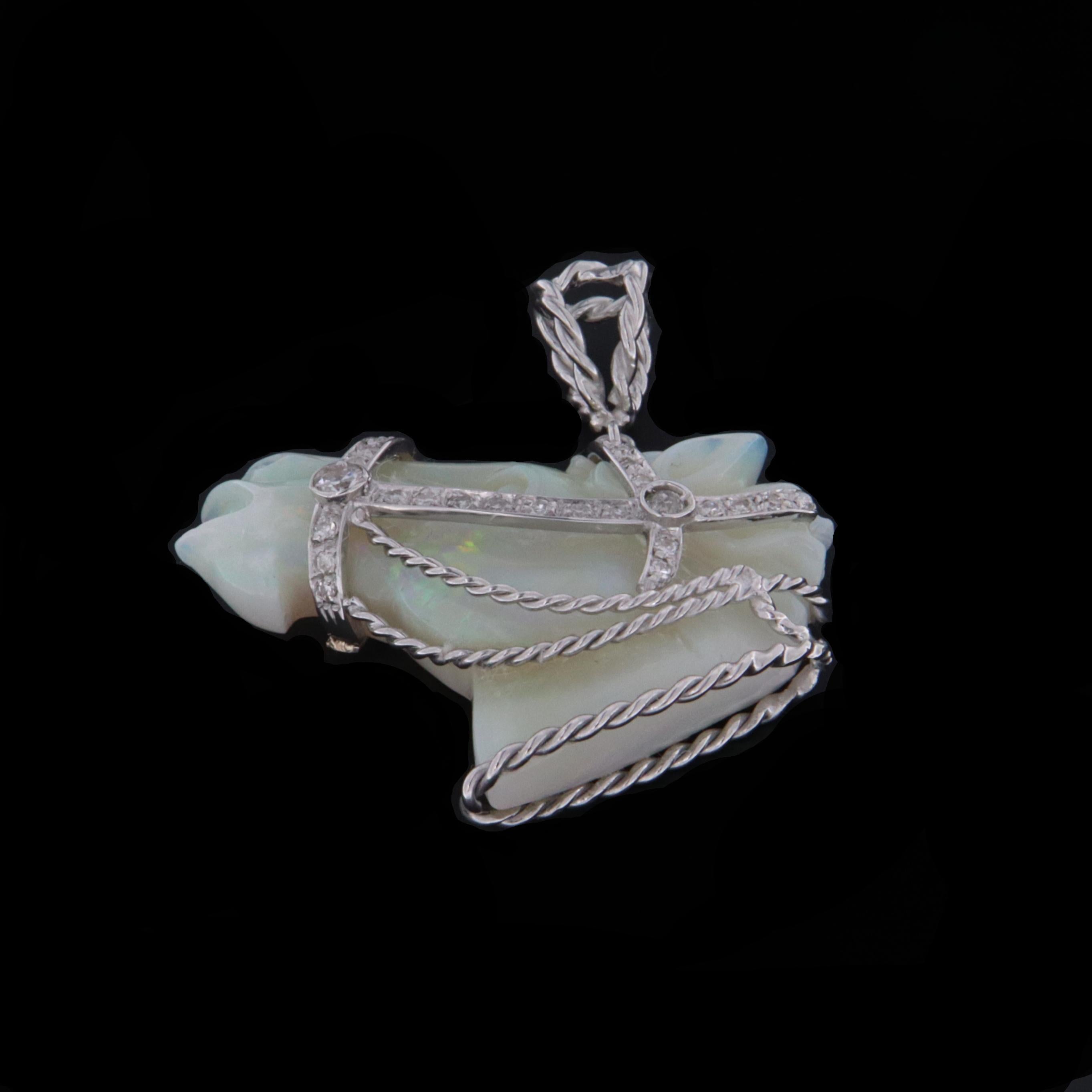 Artisan Australian Opal Horse 18 Karat White Gold Diamonds Pendant Necklace