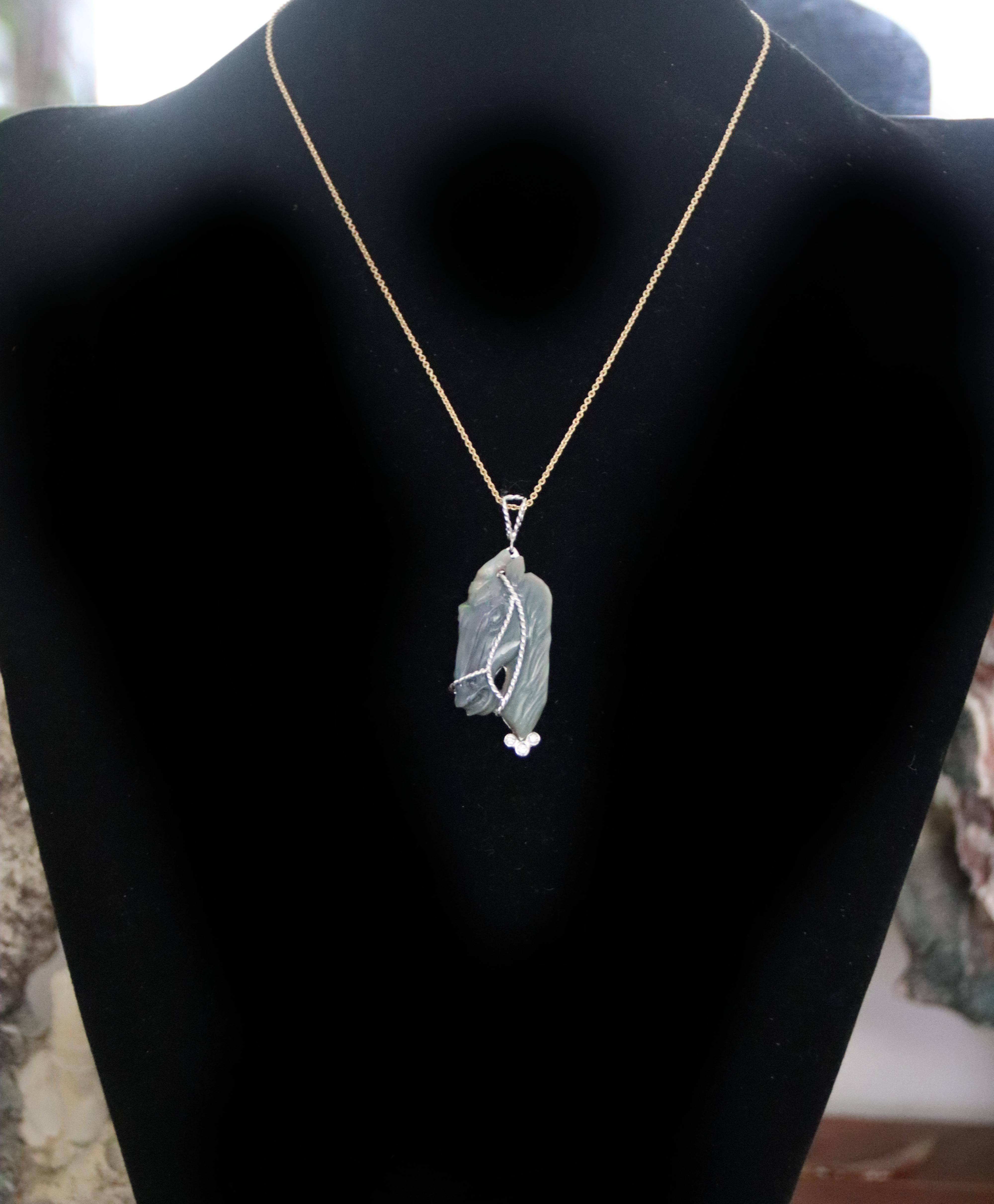 Australian Opal Horse 18 Karat White Gold Diamonds Pendant Necklace For Sale 3