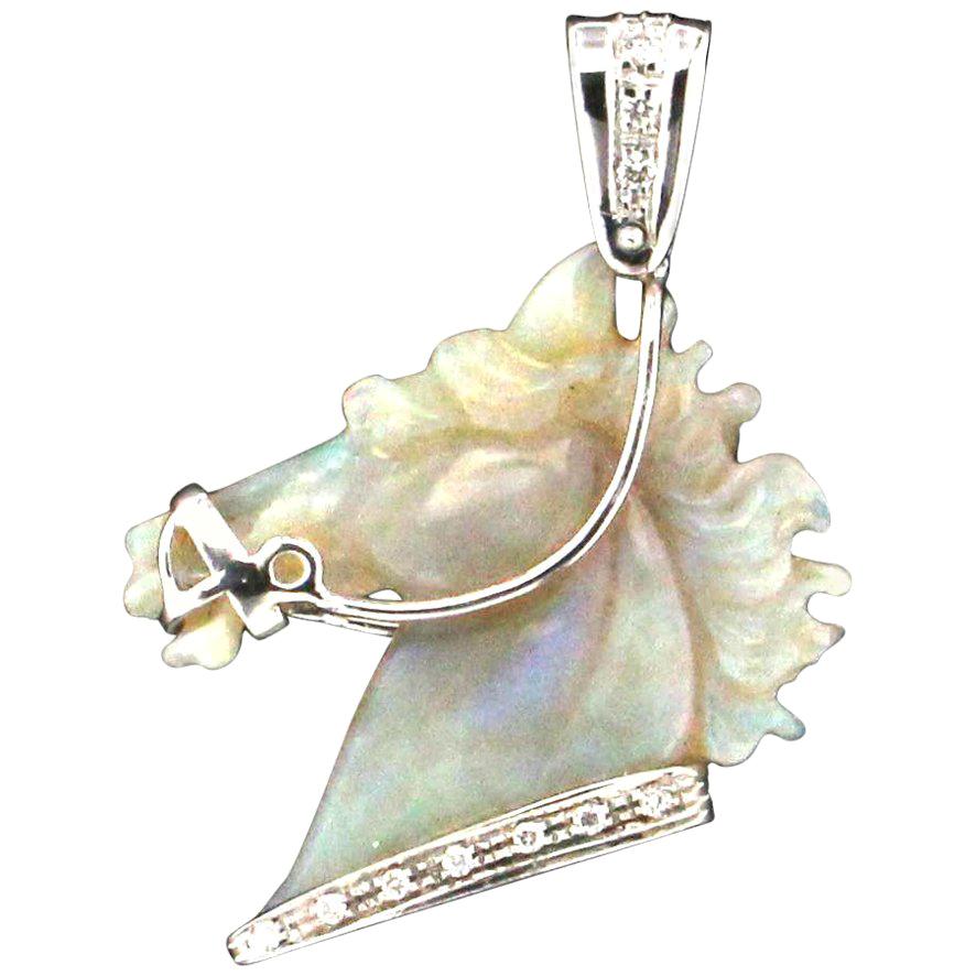 Australian Opal Horse 18 Karat White Gold Diamonds Pendant Necklace