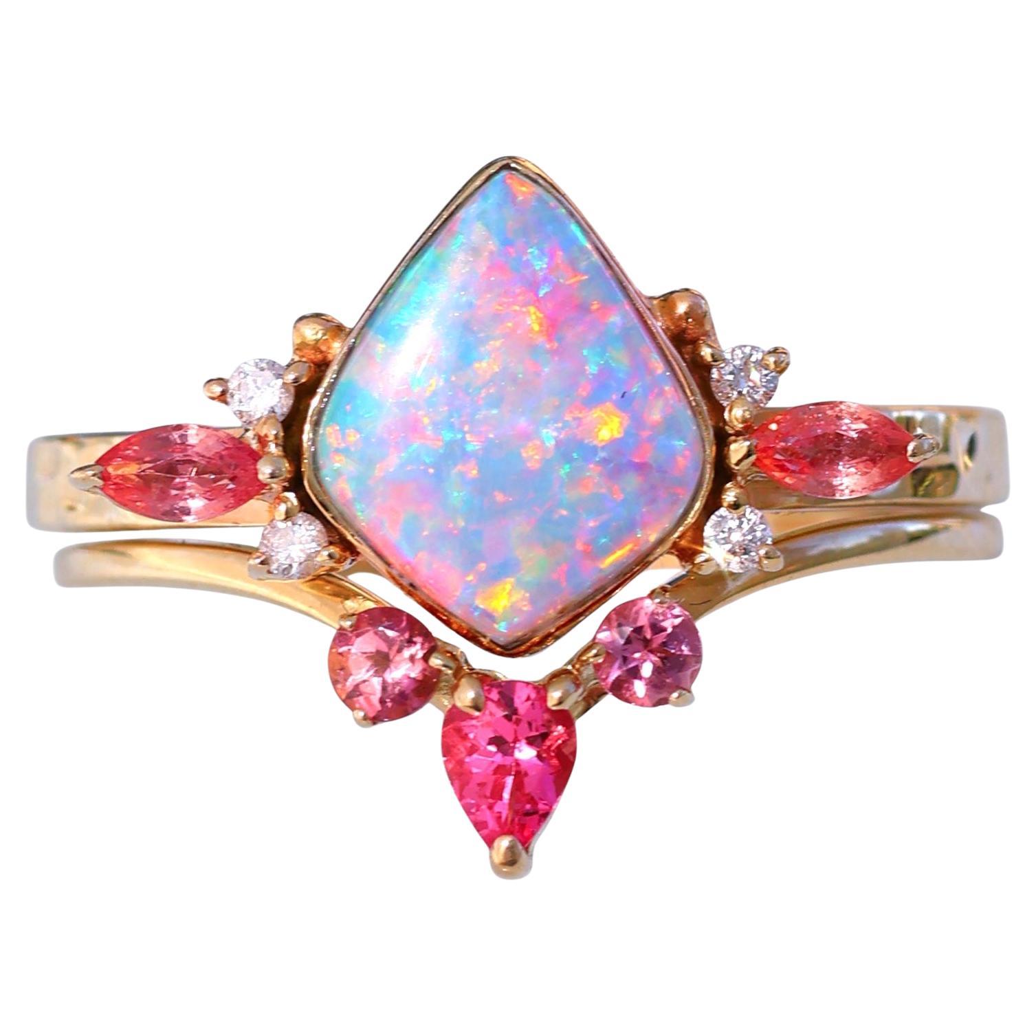 Australian Opal Lotus Bud Ring Set with Padparadscha Sapphires, Ruby, 14k Gold