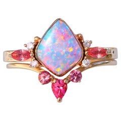 Australian Opal Lotus Bud Ring Set with Padparadscha Sapphires, Ruby, 14k Gold
