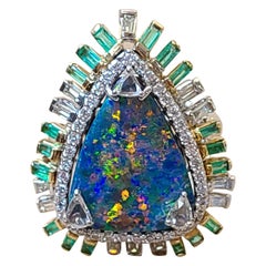 Australian Opal, Natural Emerald and Diamond Ring Set in 18 Karat Gold