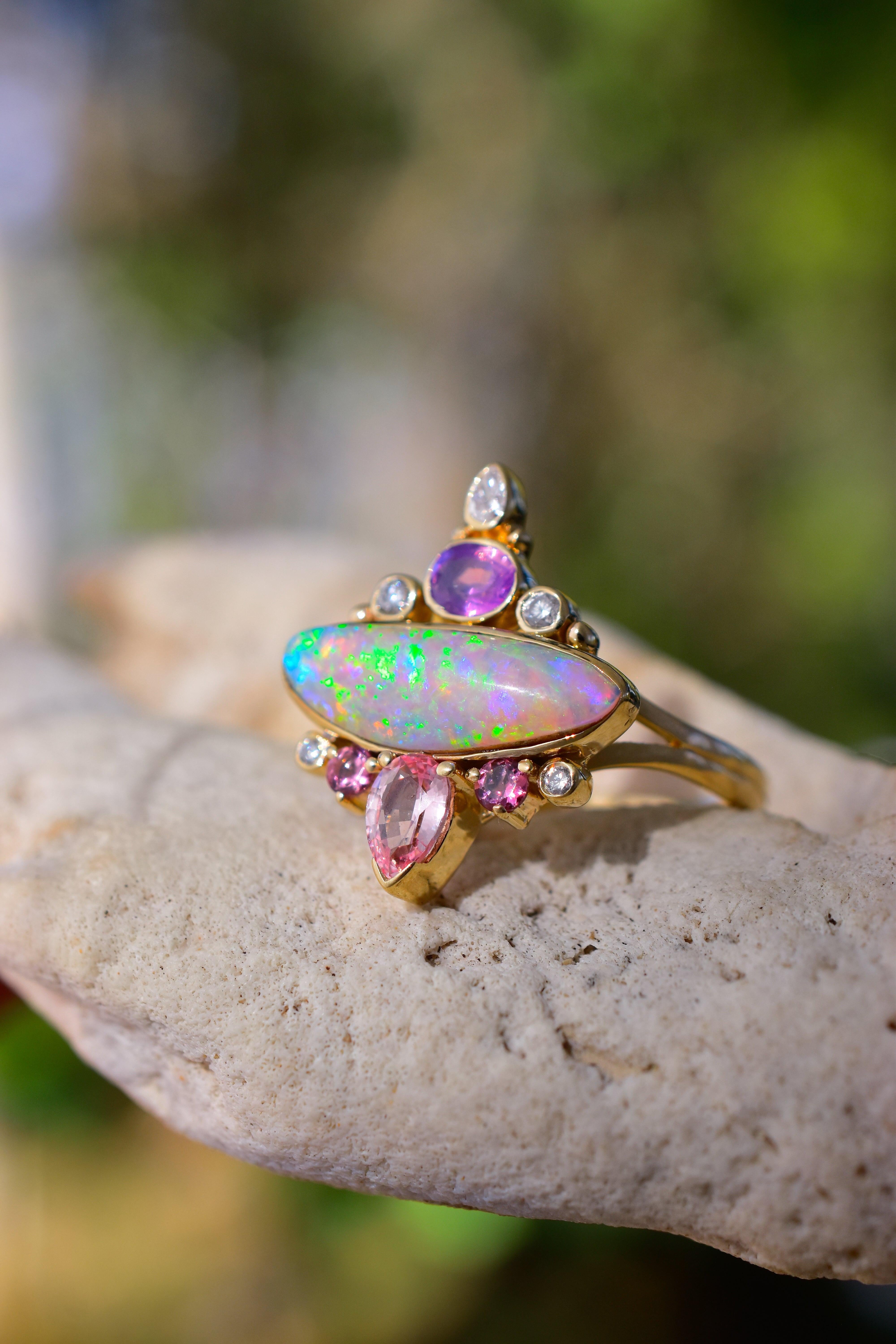 Artisan Australian Opal Pagoda Ring w/ Lilac and Mahenge Sapphires. Diamonds, 14k Gold