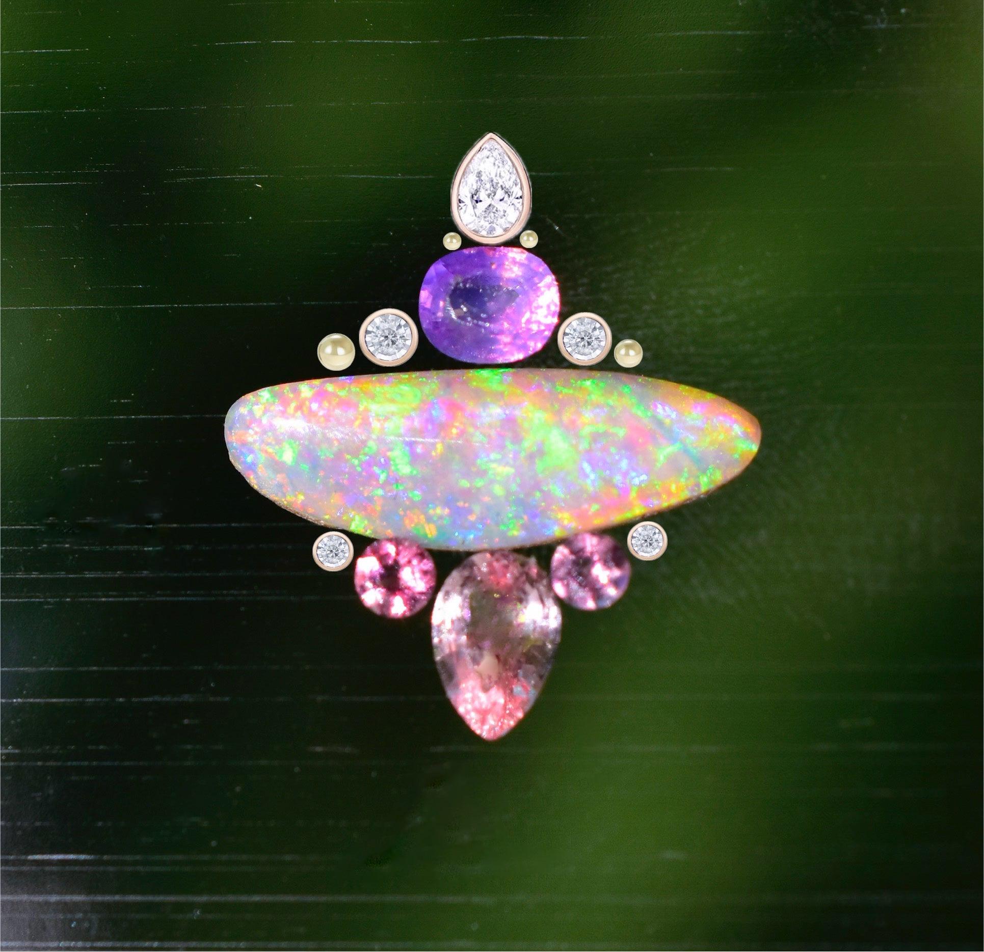 Australian Opal Pagoda Ring w/ Lilac and Mahenge Sapphires. Diamonds, 14k Gold In New Condition In Kula, HI