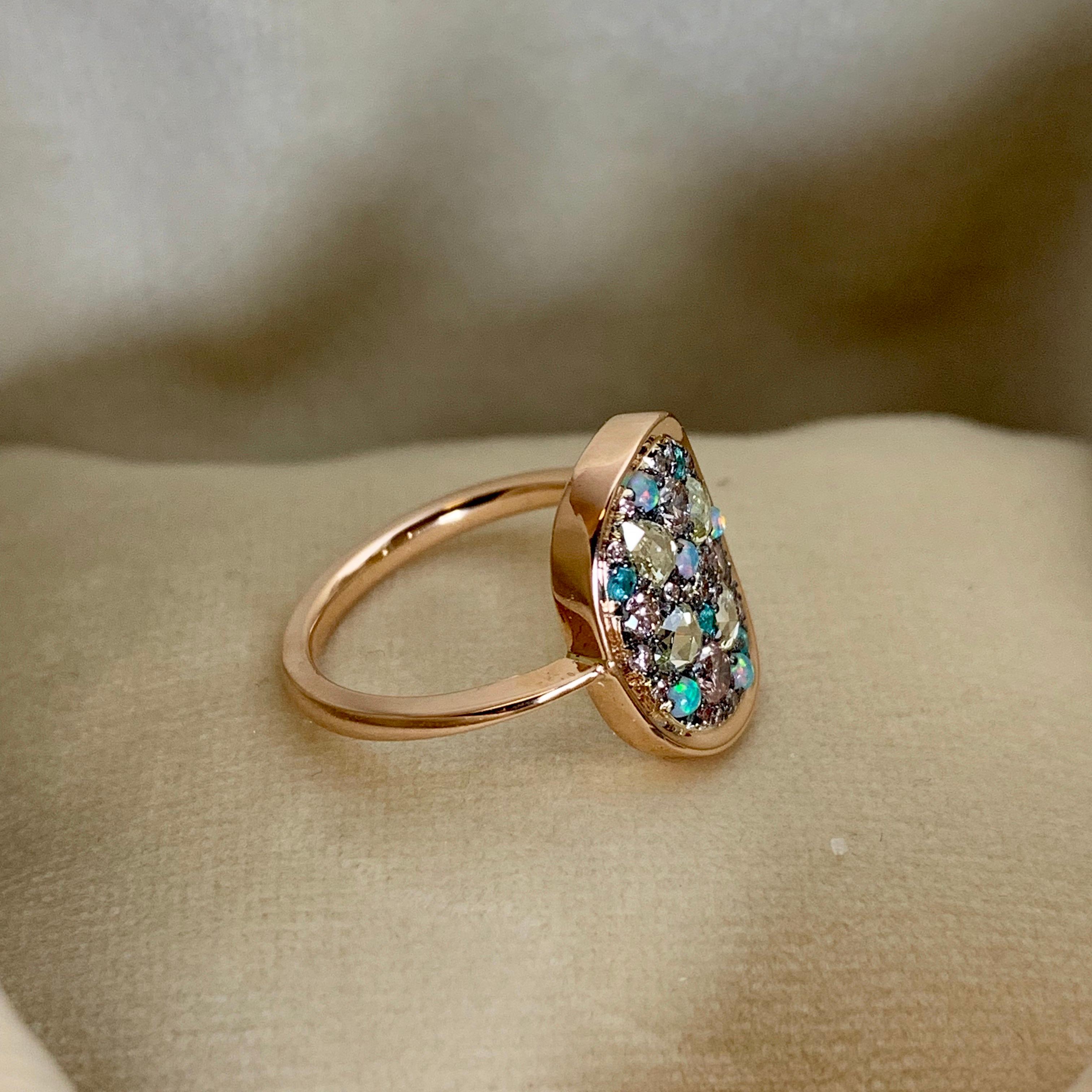 Rose Cut Australian Opal, Paraïba Tourmaline, Fancy Chocolate Pink Diamond Pave Ring