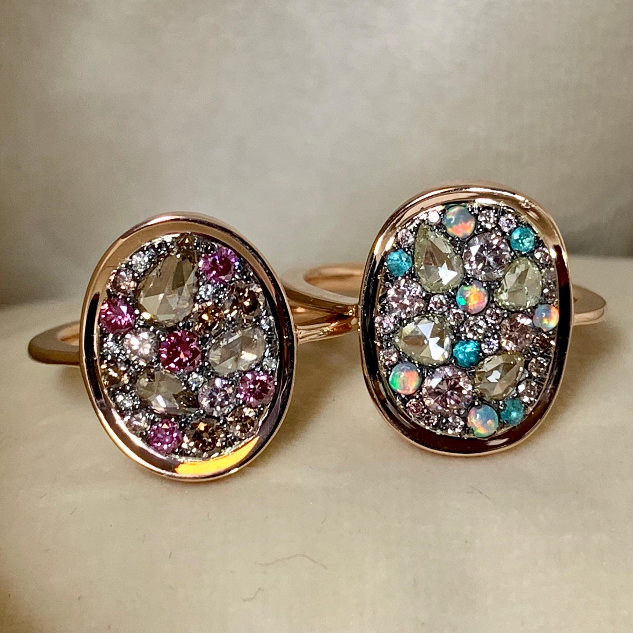 Australian Opal, Paraïba Tourmaline, Fancy Chocolate Pink Diamond Pave Ring In New Condition In Antwerp, BE